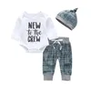 Novo bonito Crianças conjunto de roupas Listrado Carta Imprimir Tops + Calças + Chapéu Casual Set Roupas roupas de bebê ropa recien nacido