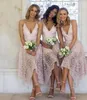 2019 New Bridesmaid Dresses Tea-Length Pink Lace Irregular Hem Spaghetti Straps Maid of Honor Country Beach Wedding Party Guest Gowns