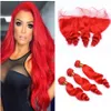 Onda Solta vermelha Do Cabelo Humano Tece Com Frontal Do Laço Frontal Vermelho Brilhante Brasileira Extensões de Cabelo Humano Com 13x4 Completa Frontals 4 Pçs / lote