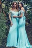 Mermaid Country Aqua Blue Druhna Suknie Off The Ramię Top Koronki Shiny Zipper Backless Prom Dress Summer Wedding Guest Spódnica z kokardką