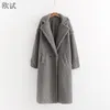 Plus Size Autunno Inverno Pelliccia sintetica Orsacchiotto Cappotto lungo grigio Donna Elegante cappotti caldi spessi Giacca in cashmere donna finta Fourrure