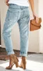 Mulheres elásticas cintura bolsos jeans denim buracos calças joelho rasgado calças soltas