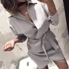 fashion-ELSVIOS 2019 Femmes D'été Chemise Robe Casual solide À Manches Longues Col Rabattu High Street Robe Blet Robes De Bureau Élégantes