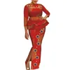 African Wax Print Two Piece Set Bazin Riche Embroidery Flower & pearls women sets Dashiki Crop Top and Skirt Sets WY3698