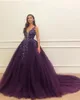 2019 New Dark Purple Quinceanera Dresses Ball Gown Deep V Neck Speecins Seveless Open Back Sweep Speak Train for Party Prom 2950367