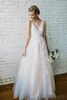 Plunging 2020 V Elegant Neck Dresses 3D Floral Applique Floor Length Tulle Ribbon Backless Country Wedding Bridal Gown