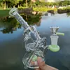 Heady Glass Bongs Recycler Bong 독특한 녹색 보라색 사이드카 물 담뱃대 물 파이프 샤워 헤드 Perc 여과기 오일 Dab Rigs 그릇이있는 14mm 조인트