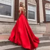 Sexy vendita calda rosso una linea abito da ballo con tasche scollo a V cinghia di spaghetti in raso vestido de formatura diamanti donne abito da festa formale