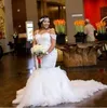 African Plus Size Mermaid Wedding Dresses Spaghetti Straps Off Shoulder Lace Appliques Beaded Tiered Tulle Open Back Long Train Bridal Gowns