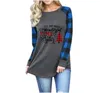 Kvinnor Plaid Christmas T-shirt Plus Storlek Xmas Tops Elk Långärmade T-shirts Letter Print Patchwork Tees Cotton Casual Blouse Neck Blusas D6823