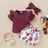 Baby Clothes Girl Floral Romper Sets Short Sleeve Solid Tops + Floral Print Shorts + Bow Headbands 3pcs/set Boutique Kids outfits M2111