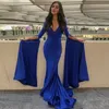 Dubai Arabisch Royal Blue Mermaid Abendkleider Lange Ärmel V-ausschnitt Formale Kleid Party Kleid Bodenlangen Abend Party Kleider Robe