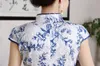 Sheng Coco Mini Qipao Blue e White Porcelan Printing Jacquard Cotton Cheongsam vestido chinês Sexy roupas sexy