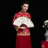 Erkek kırmızı cheongsam Oryantal Erkek tang suit stil kostüm damat elbise vestido geleneksel Çin giyim erkekler için etnik düğün Qi pao