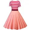 2019 New Women Dress Elegant Vintage Style Stripes Piecing Pet Dogs Print Bow Belt For Slim Waist Flared Dress Size S-2XL