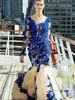 2020 New Arrival z długim rękawem Royal Blue Lace Suknie wieczorowe Syrenki Tulle Prom Suknie Vestidos de Fiesta