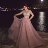 High Neck Dusty Pink Muslim Evening Dress illusion Long Sleeve Crystal beaded Plus Size Arabic Formal Dresses for Women Dubai Prom Gowns