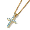 Light Blue Diamond Cross Pendants Necklace Jewelry Platinum Plated Men Women Lover Gift Couple Religious Jewelry239Z