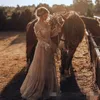 Romantic Country A Line Wedding Dresses Lace Patchwork Long Sleeves Floor Length Off Shoulder Boho Beach Bridal Gown vestido de novia