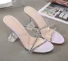 Med Box Sexy Women Designer High Heel Rhinestone Transparent Strappy Spool Heel Designer Sandaler Mules Kvinnor Designer Skor Storlek 35 till 40