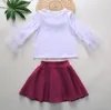 女の赤ちゃん服子供服セット女の子のソリッドトップレースフレアズボンスーツ子供カジュアルTシャツベルボトムズパンツ衣装yp468