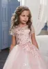 Märke Tulle Ball Gown Beaded Lace Flower Girls Klänningar med Bow Back Vestido de Nina de Las Flores