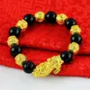 Naturliga Obsidian Pixiu Animal Armband Buddhist Bön Braf Troops Black Stone Beaded Armband