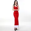 Rückenfreies rotes Weihnachts-Samt-Partykleid für Damen mit weißem, flauschigem Besatz, knöchellanges Kostüm, Rollenspiel, Clubwear, freie Größe