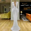 Vestido formal do partido de cintura Glitter White Sequins Mermaid Prom Dresses V profundo Neck Cristal mangas compridas lantejoulas Ruched Vestidos personalizado