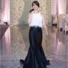 Arabe saoudite Two Pièce Robes de soirée Noir Blanc Mermaid Pal Robe 2018 Dentelle Cristal Longue Partie Élégante Vestidos de Fiesta pas cher