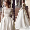 2020 Nuovo modello Abiti da sposa Gioiello Collo Pizzo Appliqued Corpetto Gonna in raso Modest maniche lunghe Abiti da sposa Abiti da sposa