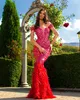 Aso Ebi 2019 Vestidos de noche brillantes rojos árabes Vestidos de fiesta de plumas de sirena con lentejuelas Fiesta formal Vestidos de segunda recepción SY31