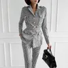 Kvinnors kostymer Blazers 2021 Business Women and Pant Office Lady 2 Piece Suit Set Long-Sleeved Bodycon Plaid Blazer1