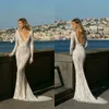 2020 Berta Zeemeermin Trouwjurken Diepe V-hals Kant Applicaties Vestidos de Novia Backless Custom Made Lange Mouw Land Trouwjurk