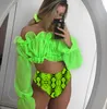 Seksi Neon Yeşil Bikini Set Mesh Uzun Kollu Mayo Kadın Yüksek Bel Bikini Yılan Baskı Mayo Mayo Kadın Biquini