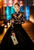 2020 New Vintage Long Sleeves Evening Dresses High Neck Appliques Lace Elastic Satin Custom Made Black Ball Gown Prom Dresses Formal Gowns