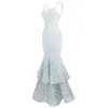 Angel-Fashions Donne Spaghetti Strap Strap Pizzo Ruffle Mermaid Bubble Abito da sera Dress Party Dress Prom Gown Light Grey 417