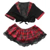 Sexy School Girl Cosplay Costume Plaid Skirt Uniform Dress Black Lace Plus Size #R45