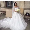 New White Charming Spring Off Shoulder A Line Cheap Wedding Dresses Lace Appliqued Sheer Half Sleeves Bridal Gowns with Court Train