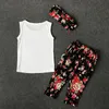 New fashion baby girls clothing set solid colors white black T-shirt vest+floral ripped pants headband kids clothes suit