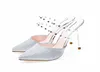 Designer-Frauen Marke Nieten Stiletto gestreifte Sandalen PVC Frauen Luxus sexy flacher Mund Lady Princess Pumps spitze Zehen Hight-Absatz-Schuhe