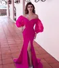Fuchsia 2020 zeemeermin split prom dresses off the shoulder lange mouw feestjes Turks vestidos goedkope formele jurk avondkleding