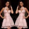 Vestidos de cocktail semi formais 2023 nova ilusão alta pescoço blush rosa renda vestidos de baile sheer pescoço curto vestidos de festa de baile sem mangas