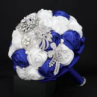 Özel Yapılan Kraliyet Mavi + Beyaz Gelin Buketleri Bahçe Düğün Köpüklü Kristal Rhinestone Inciler Düğün Yaprakları Yüksek Kalite Ucuz