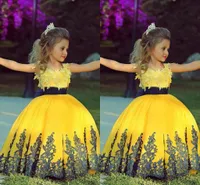 Modieuze gele baljurk meisje peuter pageant jurken met zwarte sjerp kant applique aangepaste bruiloft bloem meisje prom feestjurken