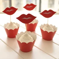 24 sztuk / zestaw imprez imprezowy dostawy dekoracji ślubnej Cupcake Wrappers czerwone usta Kid urodziny Party Cup Picks Picks Jia020