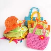 3 SET Sweet Baby Girl Kids Straw Flower Sun Hat Cap Child Summer Party Beach Bag Gift Venta caliente