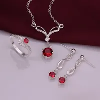 Bröllopsring 925 Sterling Silver Sparkly Red Zircon Halsband Örhängen Ringar Smycken Set