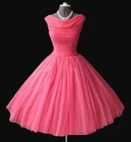 本物のサンプル1950年代ビンテージバトーネックティーレングスプフィーボールガウンウォーターメロンシフォンショートウエディングドレスイブニングドレス