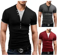 2015 Summer New M-2XL Hommes Vêtements Homme Manches Courtes T-shirt Décontracté Col V Faux Deux Pièces Slim Mode Coton Tees Top